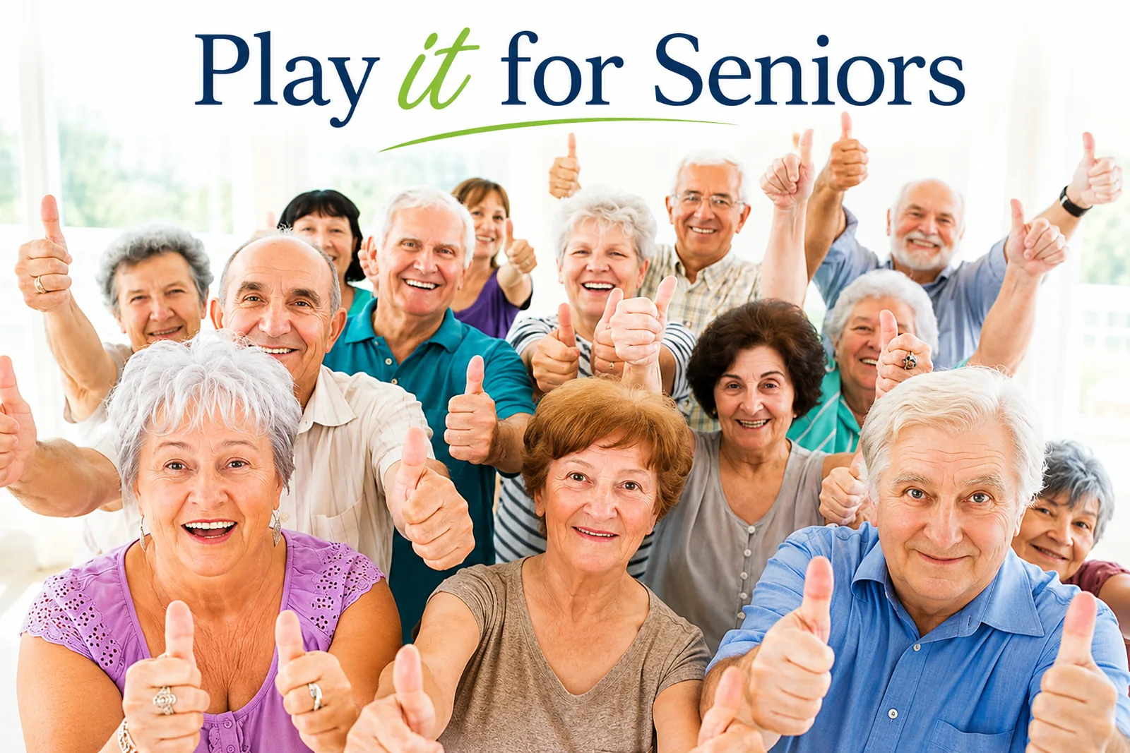 Play it for Seniors — a joyful group of seniors giving thumbs up