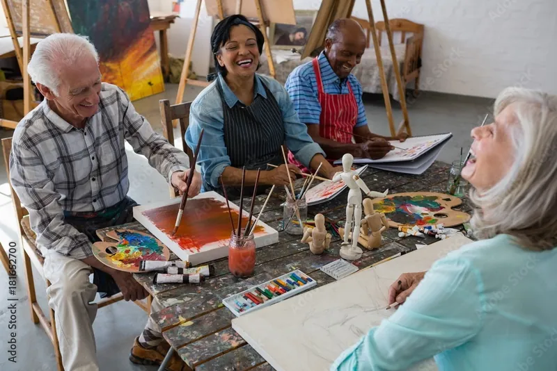 Art therapy session with seniors painting and creating together