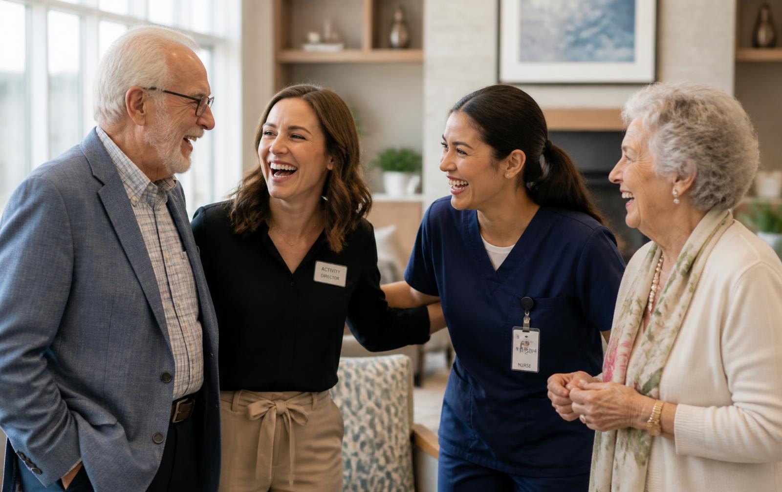 An activity director and a nurse laughing with two older adults in a bright senior living community lounge