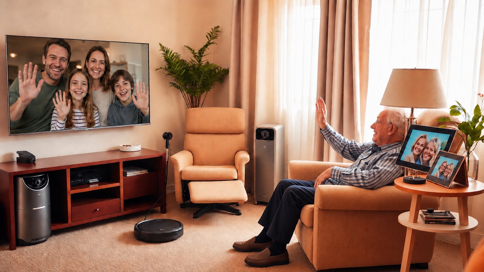Comfortable senior living space with helpful technology and furniture